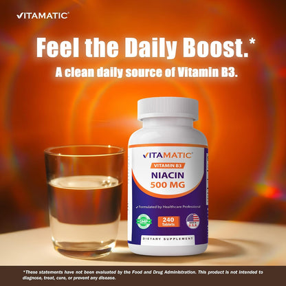 Vitamatic Niacin (Vitamin B3) 500mg, 240 Tablets - Sustained Release, Non-GMO & Gluten-free