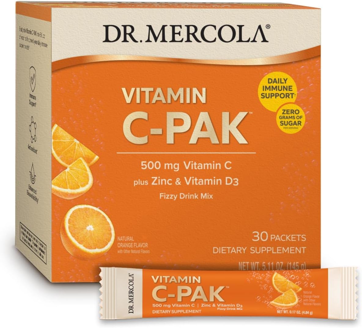 Dr. Mercola Vitamin C-PAK - Daily Immune Support - Contains Vitamin C, Vitamin D3, and Zinc - Fast-Acting Antioxidant Powder - Fizzy Drink Mix - 30 Packets - görsel 1