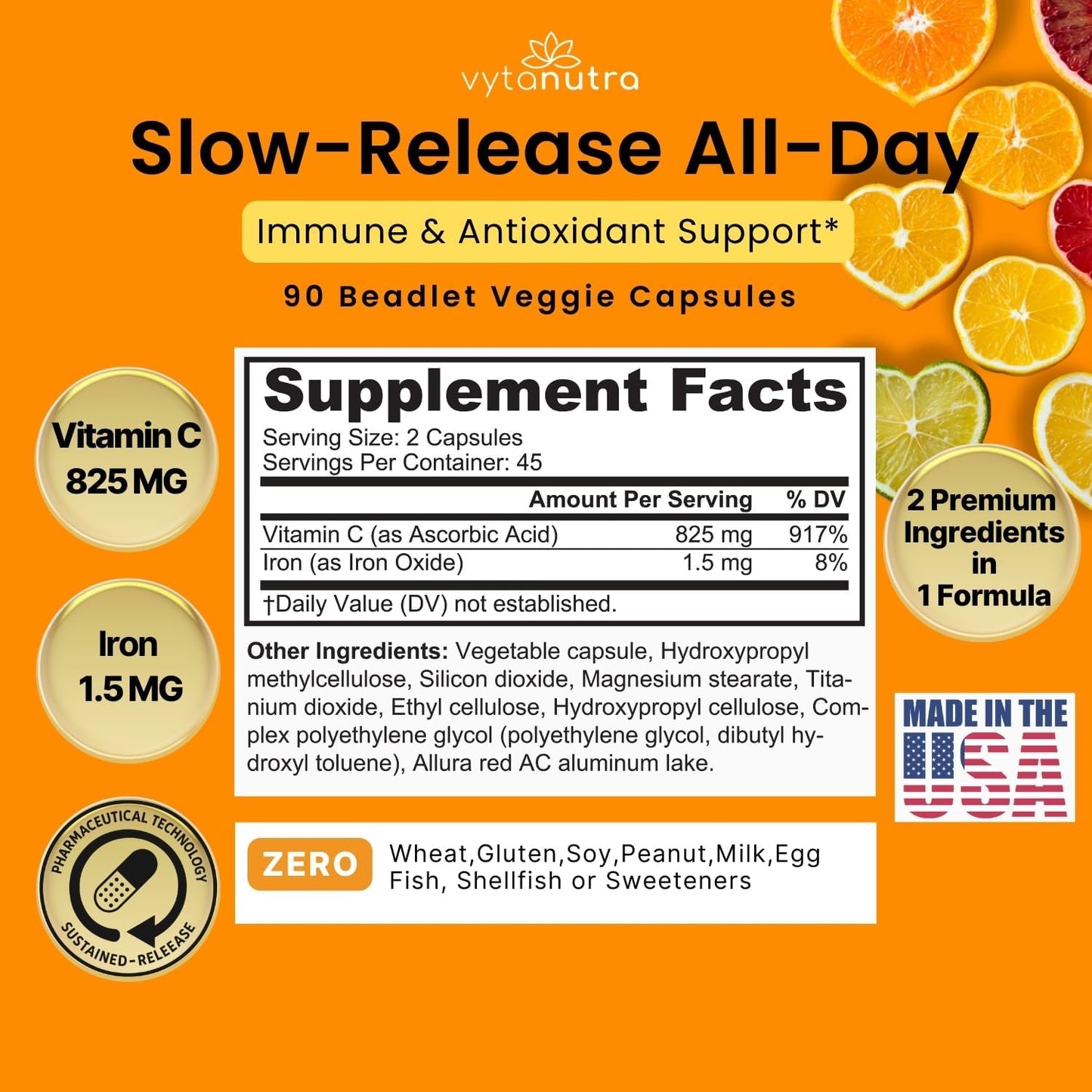 Vytanutra Immune Support Vitamin C – with Iron, Non-GMO, Vegan, Gluten-Free, Slow Release Beadlet Capsules, 90 Capsules - görsel 3