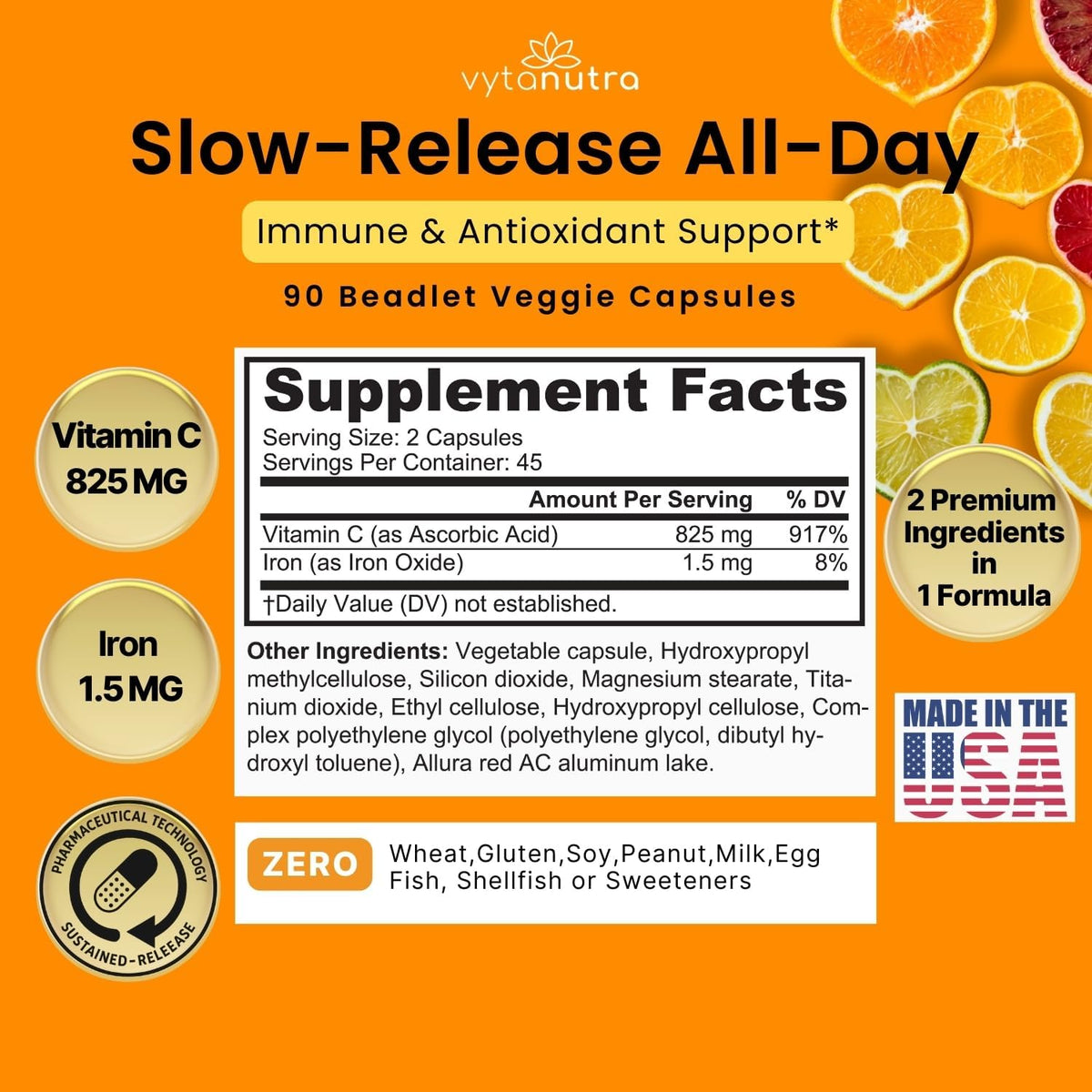 Vytanutra Immune Support Vitamin C – with Iron, Non-GMO, Vegan, Gluten-Free, Slow Release Beadlet Capsules, 90 Capsules - görsel 3