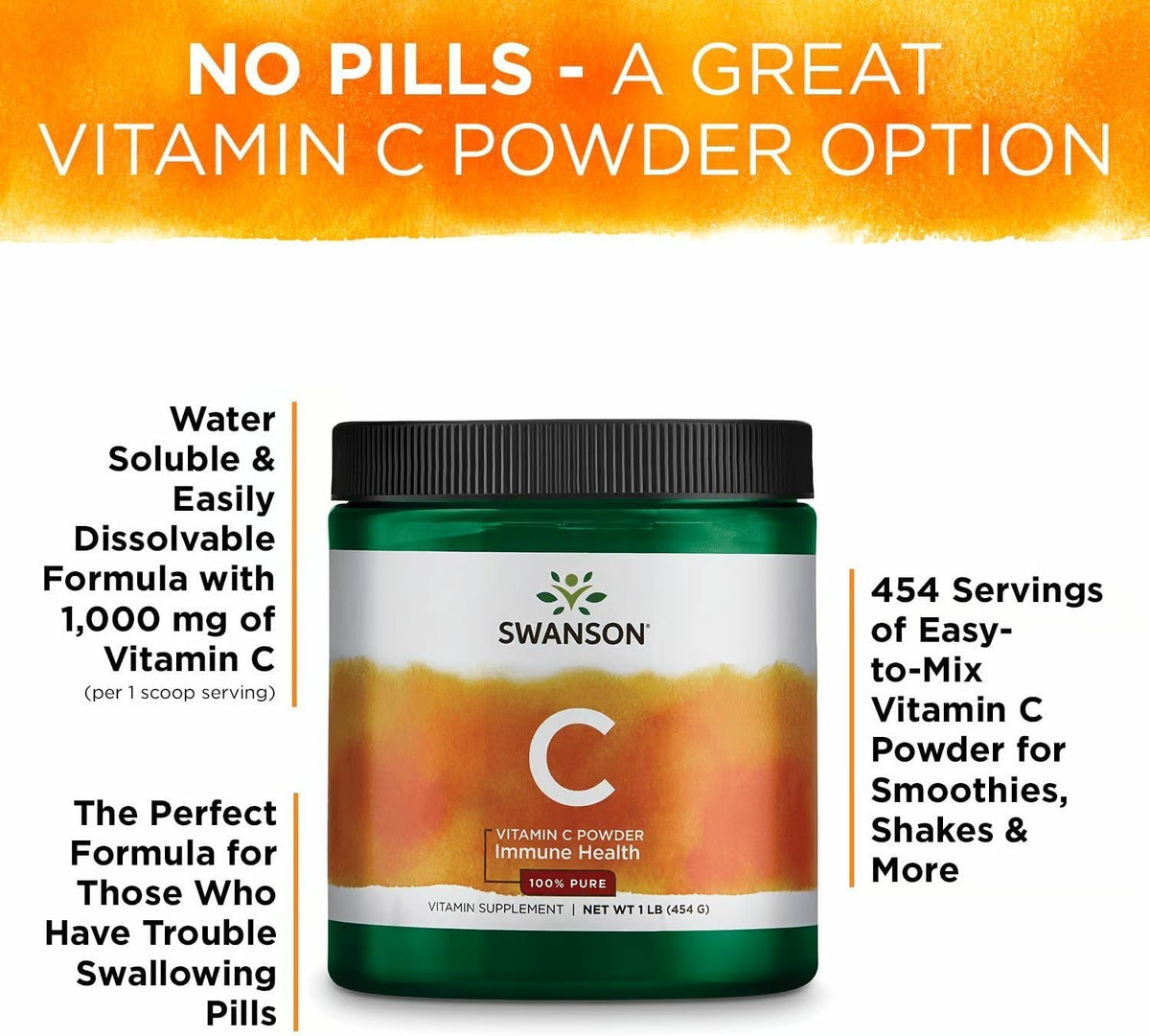 Swanson Vitamin C Powder 100% Pure Ascorbic Acid, for Normal Immune Function, Skin Health, and Antioxidant Protection, 1000 mg per Serving, 1 lb (454 g) 3-Pack - görsel 4