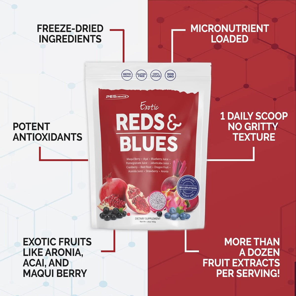 PEScience Exotic Reds & Blues, Red Superfoods Powder with Myo-Inositol, Beet Root Powder, Pomegranate and Acai Extract, Freeze-Dried Antioxidant Fruit Blend, 30 Servings - görsel 2
