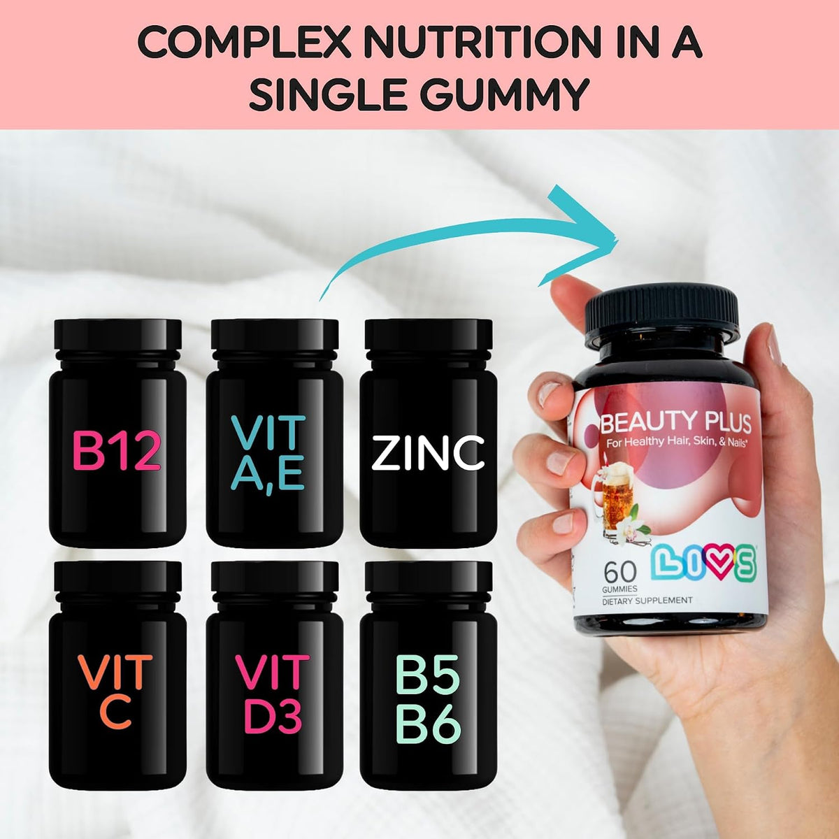 LIVS Beauty Plus Gummy Vitamins - Biotin Gummies for Hair, Skin and Nails | Natural, Gluten-Free, Non-GMO Beauty Supplement with Vitamin A, C, E, B12, D2, Zinc & More - Cream Soda Flavour - 60 Count - görsel 6
