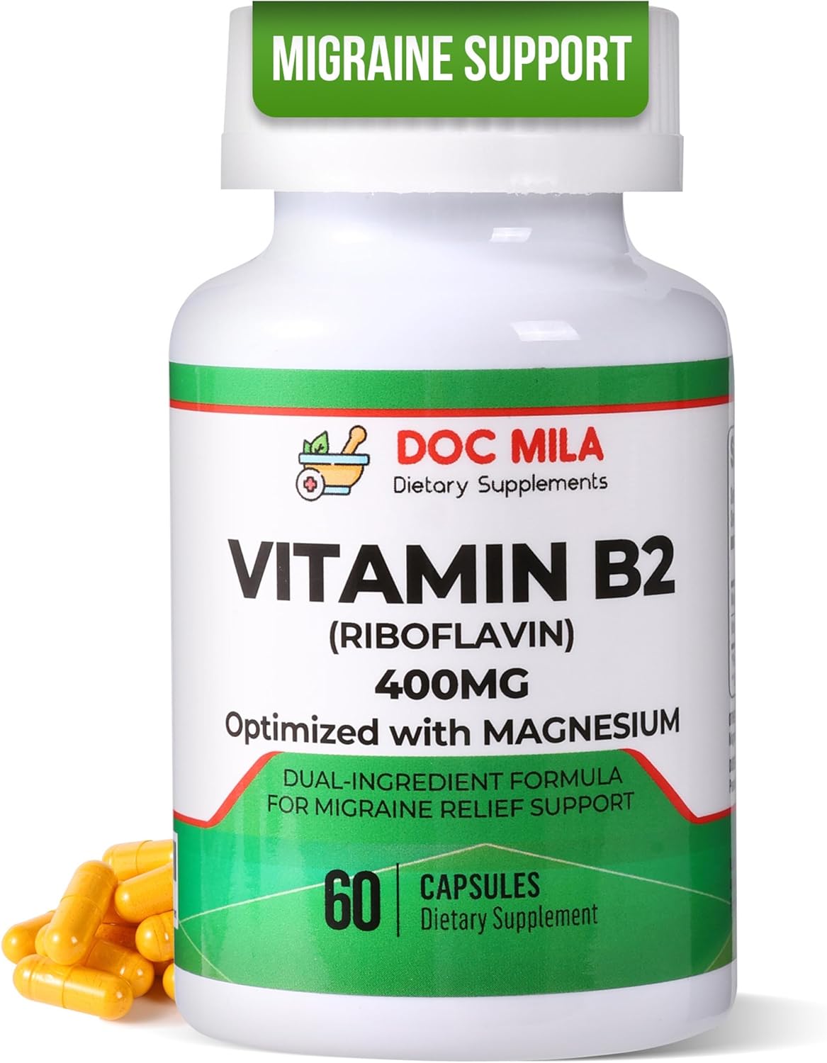 Doc Mila Vitamin B2 Riboflavin 400mg Capsules – Vegan Supplement for Energy Metabolism & Nervous System Support – 60 Capsules - görsel 1