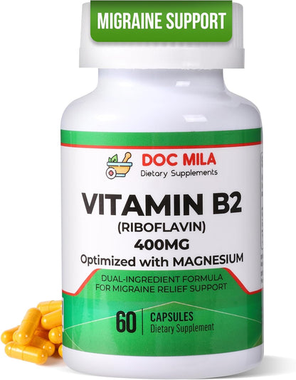 Doc Mila Vitamin B2 Riboflavin 400mg Capsules – Vegan Supplement for Energy Metabolism & Nervous System Support – 60 Capsules