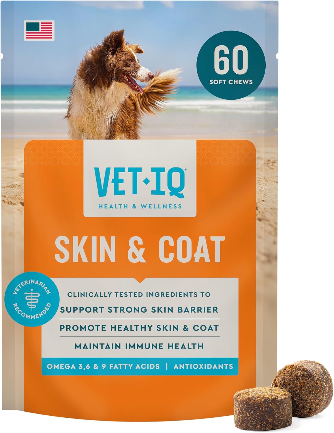 VetIQ Skin and Coat Supplement for Dogs - Omega-3, 6 and 9 - Hickory Smoke Flavour Dog Chews - 60 Count - görsel 1