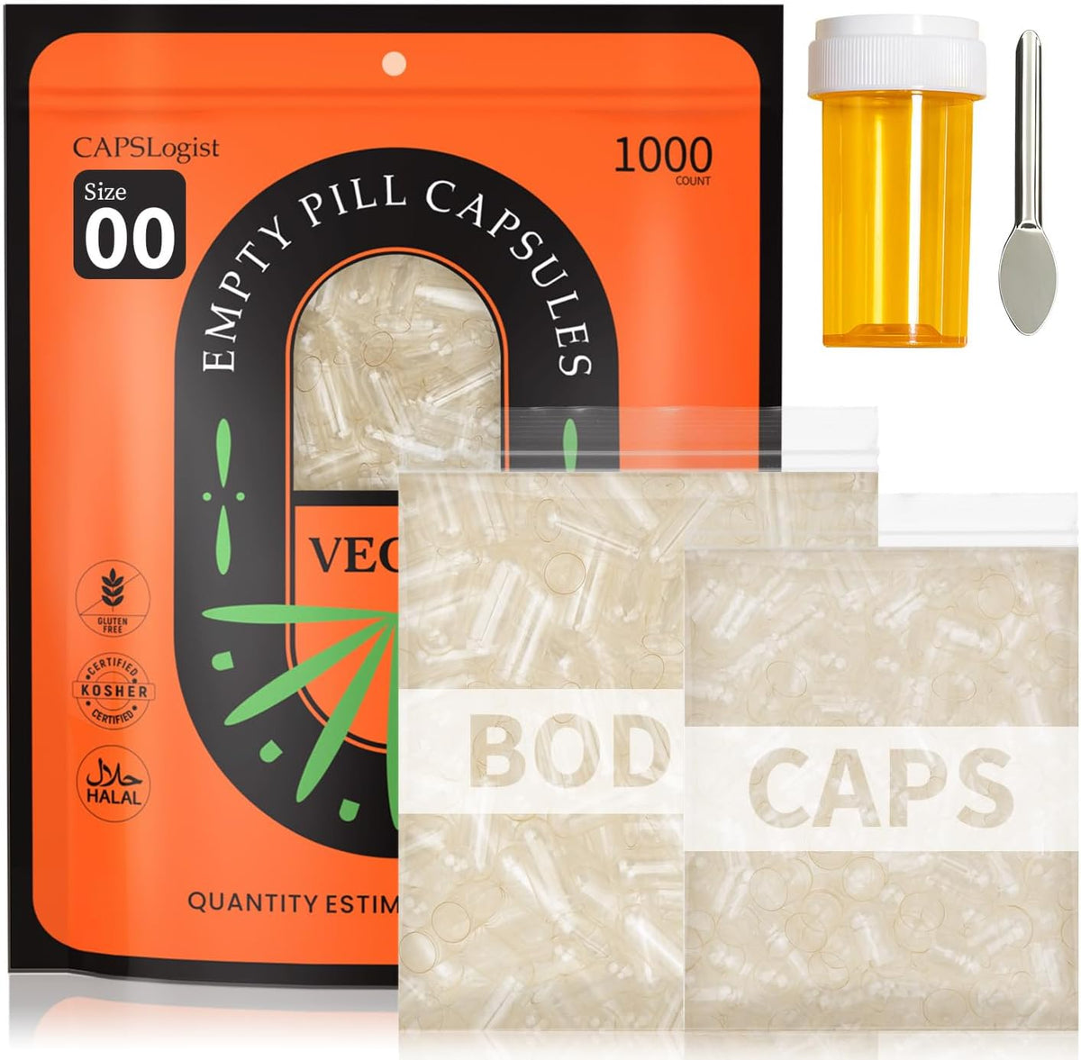 Empty Capsules 00 Separated, Vegan Capsules with Spoons and Medicine Bottle, for Filling Supplements, 1000 Count - görsel 1