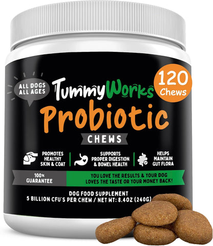 TummyWorks Probiotics for Dogs and Cats. 160 Scoops Probiotic Powder for Digestive Health, Gut, Immunity, Energy, Skin & Coat. 10 Strains, 5 Billion CFUs with 6 Enzymes & Prebiotics. Made in USA.