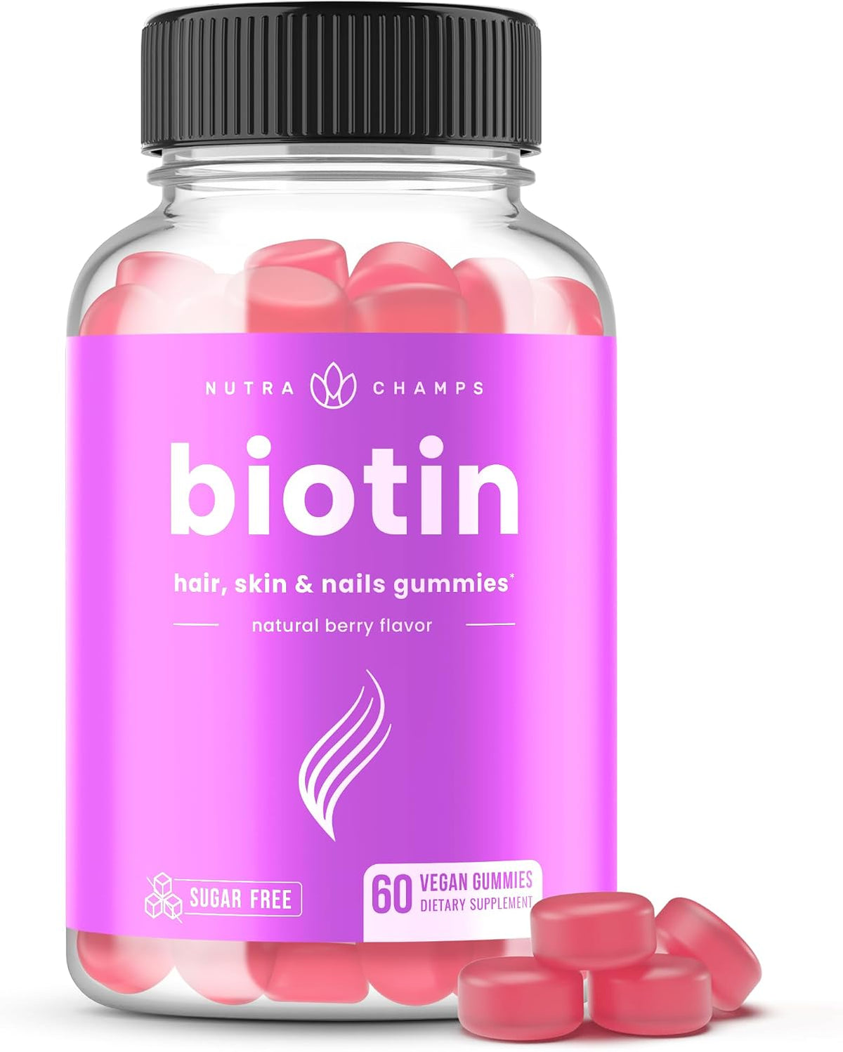 NutraChamps Sugar Free Biotin Gummies 10000mcg – High Potency for Hair, Skin & Nails, Vegan, Non-GM, Raspberry Flavour - görsel 1