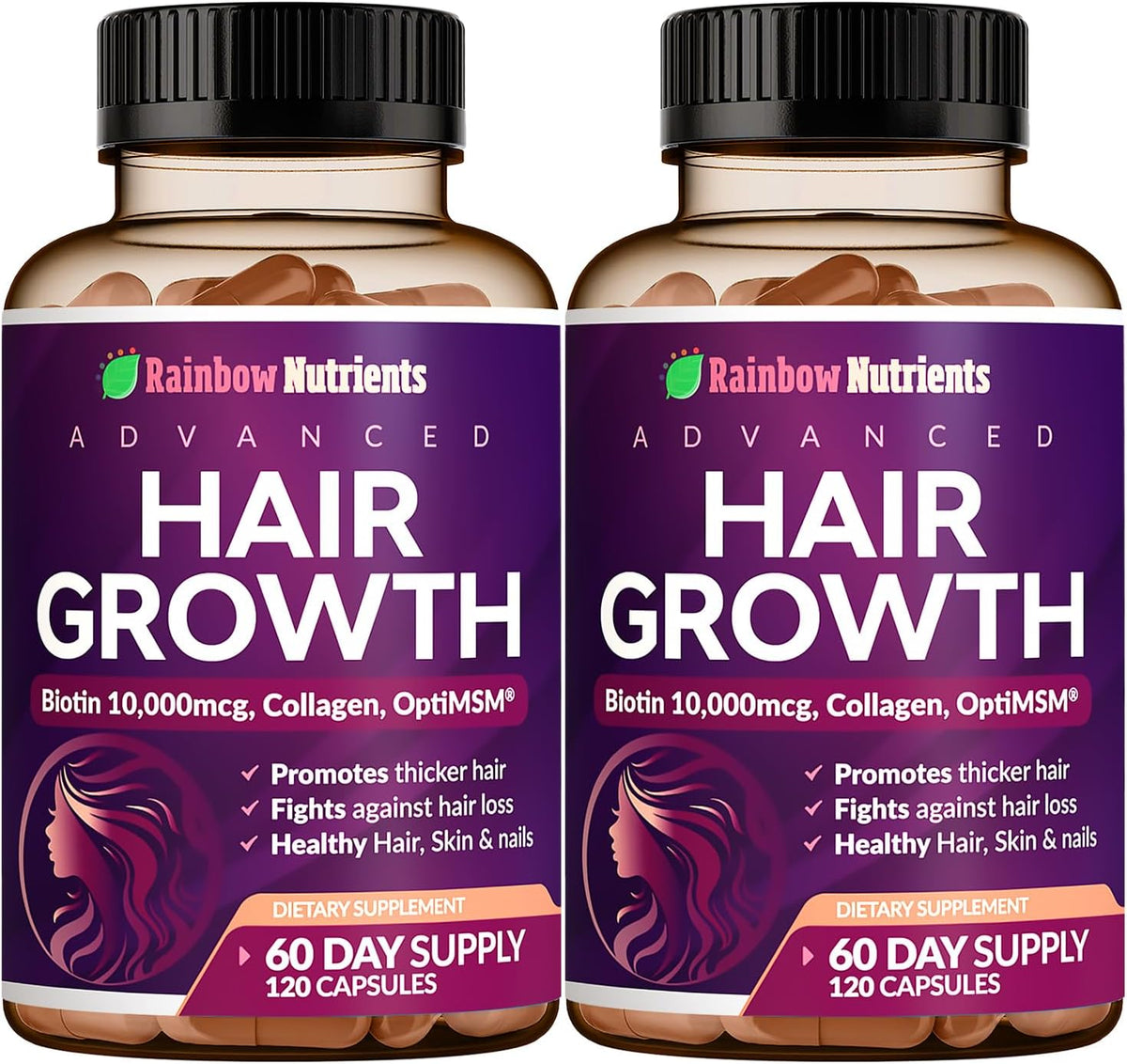 Rainbow Nutrients Hair Growth Vitamins for Women | Biotin 10,000mcg, Collagen, OptiMSM, Saw Palmetto | 60-Day Supply - görsel 9