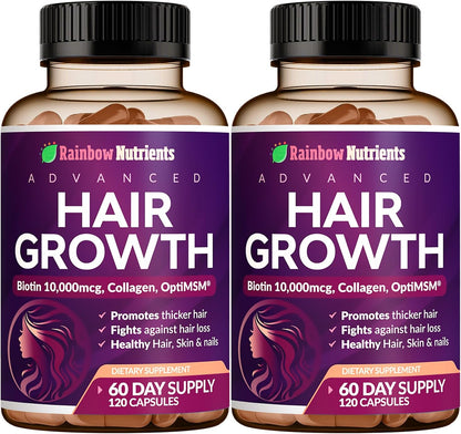 Rainbow Nutrients Hair Growth Vitamins for Women | Biotin 10,000mcg, Collagen, OptiMSM, Saw Palmetto | 60-Day Supply