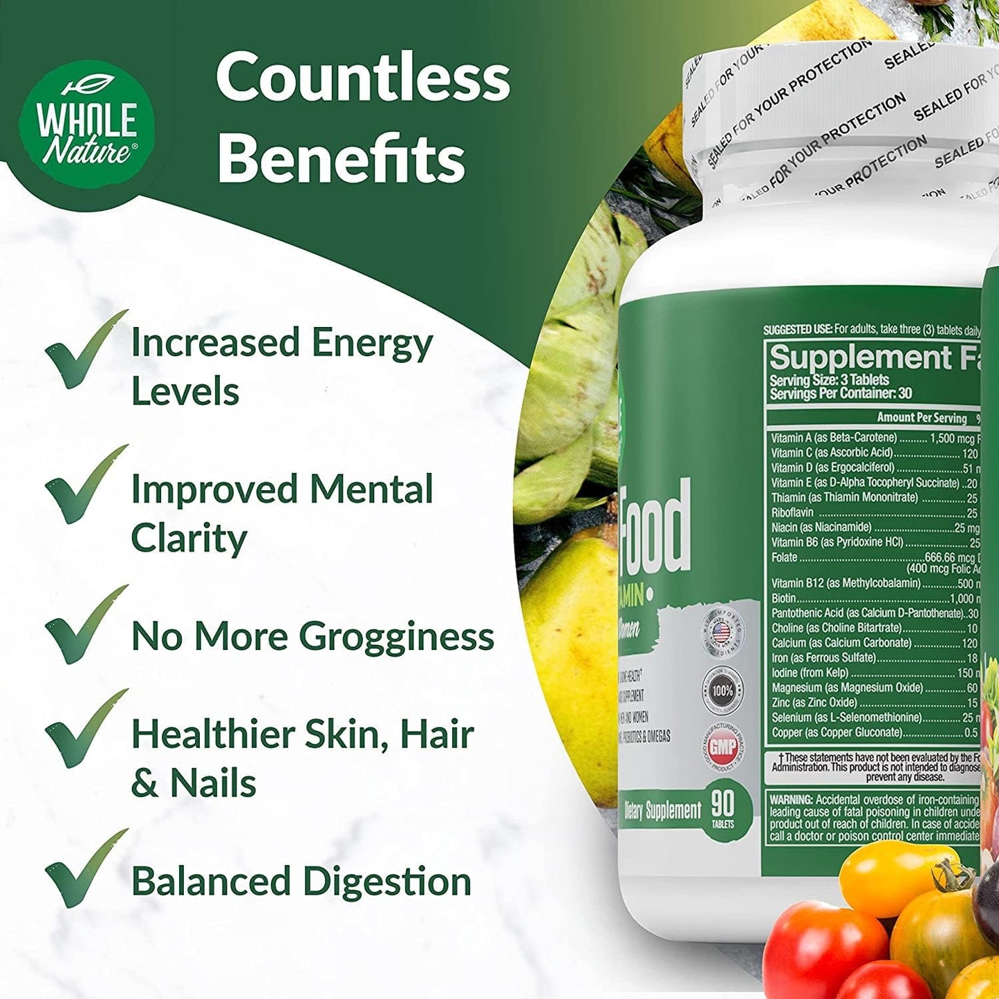 Whole Food Multivitamin for Men and Women - Complete Daily Superfood Vitamins Plus Minerals, Digestive Enzymes, Probiotics and Omegas (3-Pack) - görsel 3