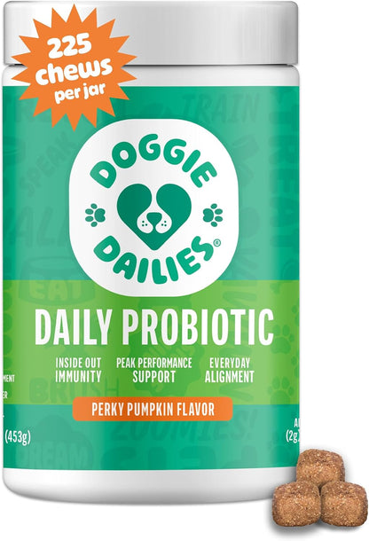 Doggie Dailies Probiotics for Dogs – Advanced Dog Probiotics with Prebiotics – Promotes Digestive Health – Supports Immune System (Pumpkin) 225 Soft Chews