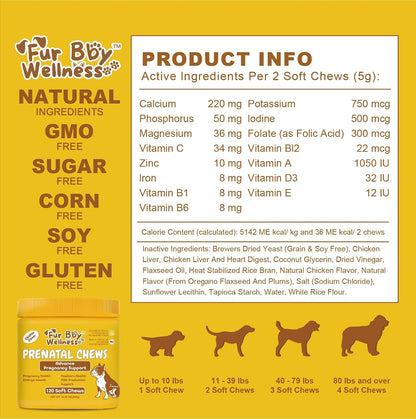 Dog Prenatal Vitamins for Pregnant & Nursing Dogs – Supports Healthy Pregnancy, Puppy Development & Lactation – with Folic Acid, Iron & Calcium – 120 Soft Chews