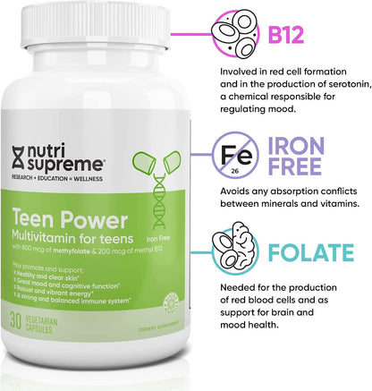 Nutri Supreme Teen Multivitamin for Boys and Girls Aged 12-17, Kosher One-a-Day Teen Supplement, Formulated for Teen Development and Immune Health, 30 Capsules