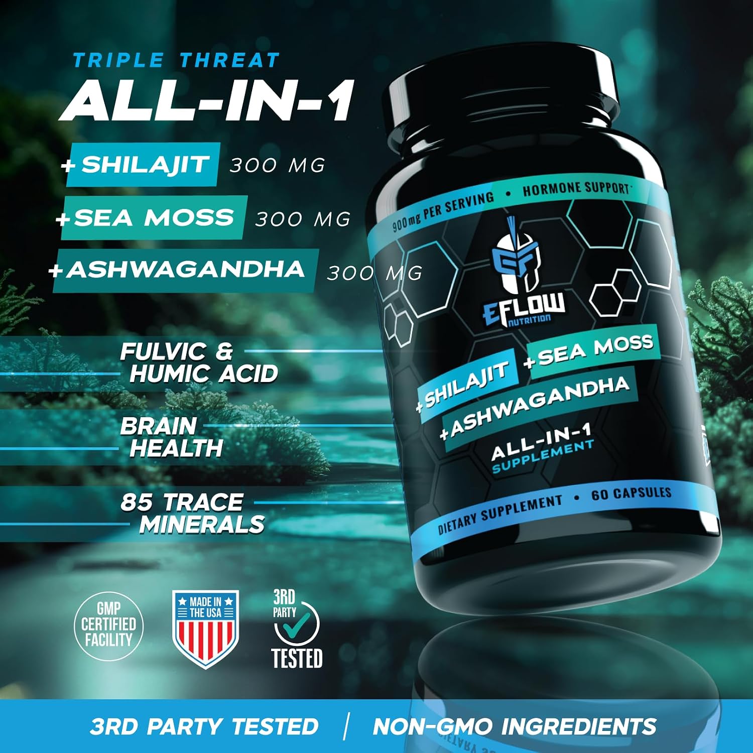 eFlow Nutrition Shilajit Capsules, Ashwagandha, Sea Moss [All-in-1] Trace Minerals, Fulvic Acid, Lab-Tested Pure Himalayan Shilajit for Men and Women | Energy, Vitality & Hormonal Support (60 Capsules) - görsel 5