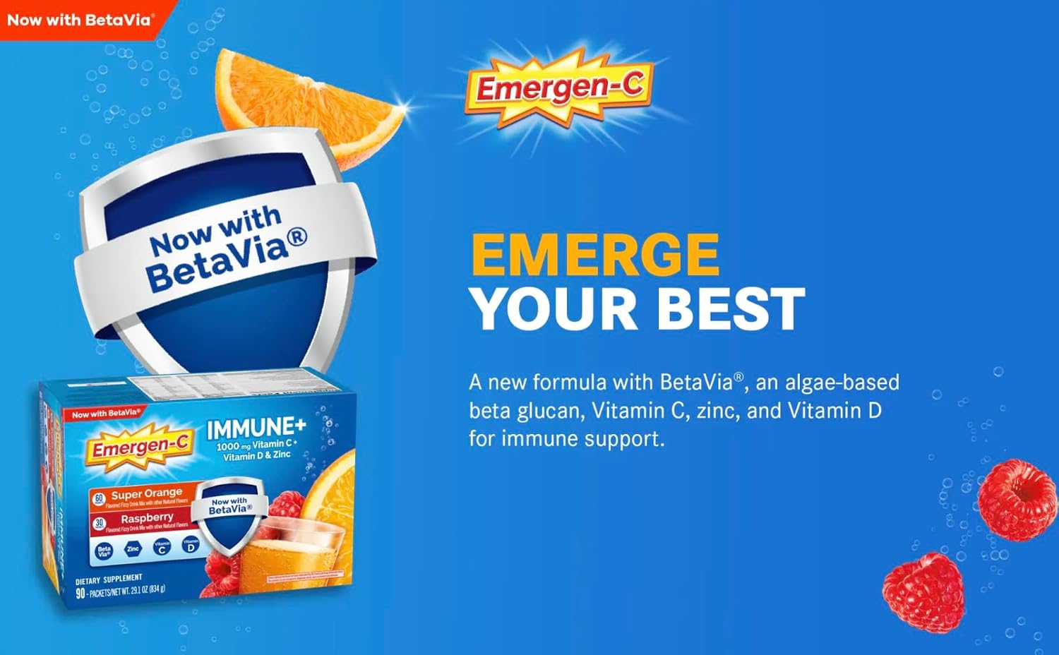 Emergen-C Immune+ 1000 mg Vitamin C with Vitamin D and Zinc, Super Orange and Raspberry, 90 Packets - görsel 4