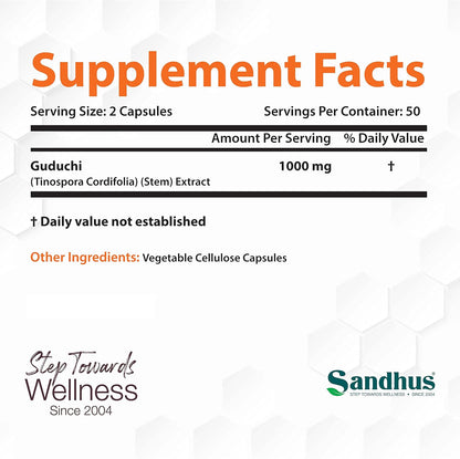 Sandhu's Guduchi (Tinospora Cordifolia) Giloy 100 Vegetarian Capsules 1000mg per Serving
