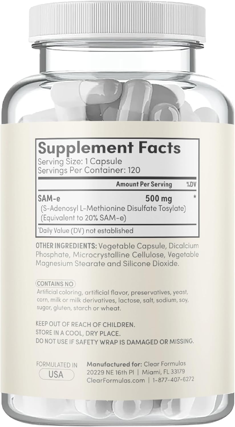 Clear Formulae Bioactive SAM-e 500mg - High Strength SAM-e Supplement with Biologically Active S,S Form for Liver and Mood Support - Vegan Non-GMO Preservative Free - Made in the USA (120 Servings) - görsel 8