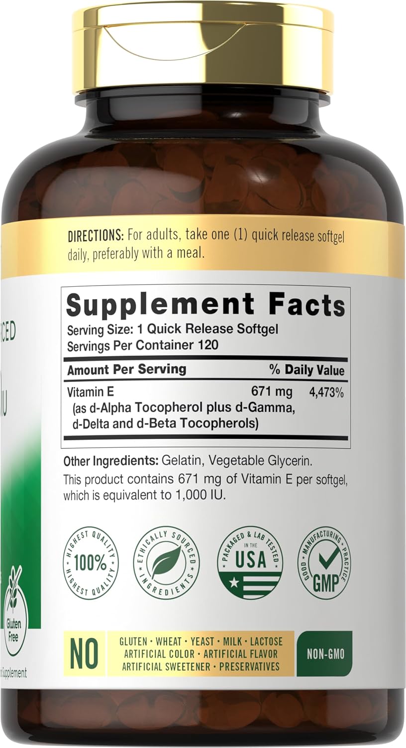 Carlyle Vitamin E 1000 IU Soft gel capsules with Mixed Tocopherols, 120 Count - görsel 2