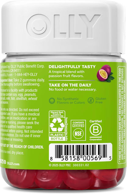 OLLY Daily Energy Gummy, Caffeine-Free, Vitamin B12, CoQ10, Goji Berry, Tropical Flavour – 60 Gummies