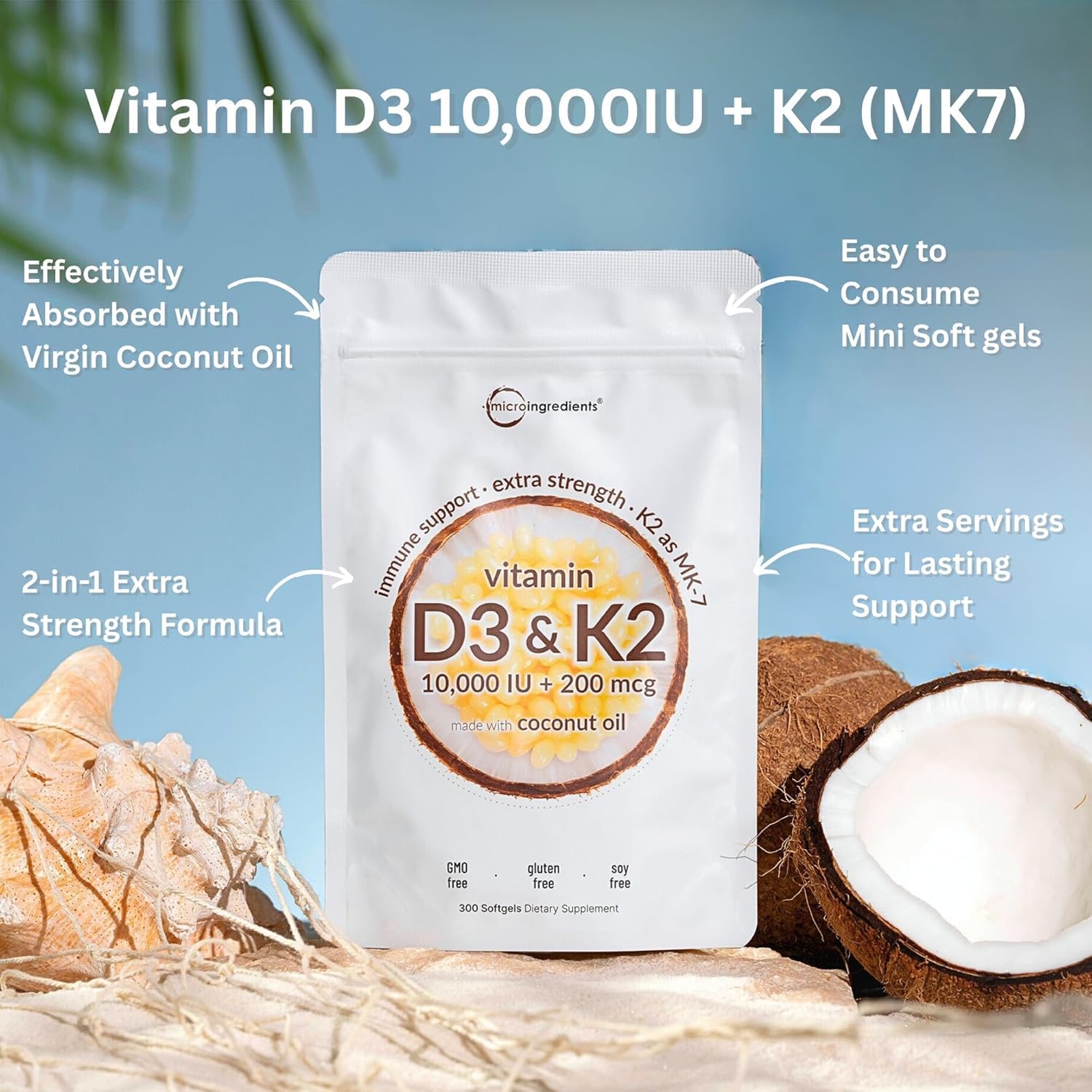 Micro Ingredients Vitamin D3 10,000 IU + K2 MK-7 200 mcg – 300 Softgels - görsel 2