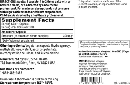 Klaire Labs SFI Health Strontium – Hypoallergenic 300 mg Bio-available Strontium Citrate for Bone and Connective Tissue Support (100 Capsules)