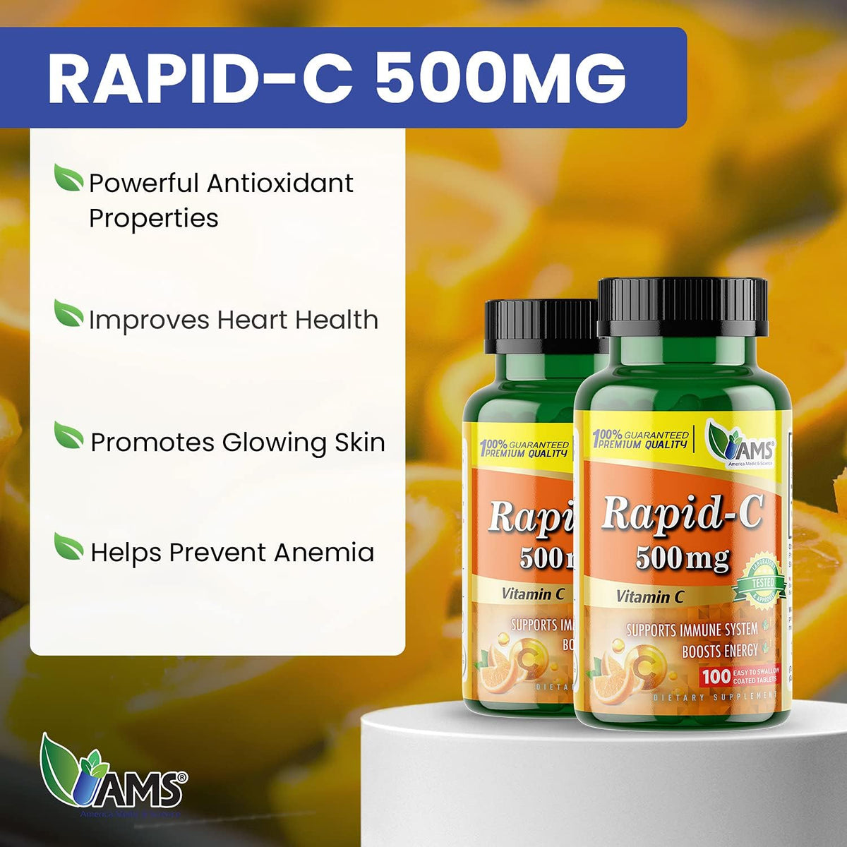 America Medic & Science Rapid-C 500mg Vitamin C Food Supplement – 2 Pack of 100 Tablets - görsel 2
