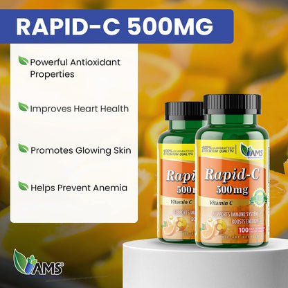 America Medic & Science Rapid-C 500mg Vitamin C Food Supplement – 2 Pack of 100 Tablets