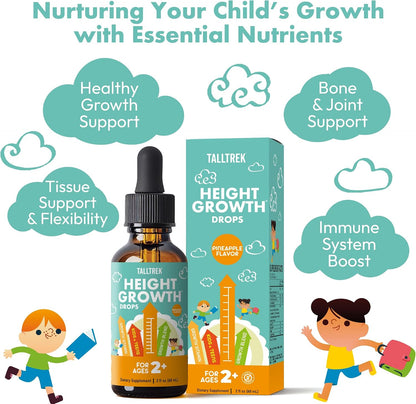 TallTrek Height Growth Supplement Drops for Kids & Teens – Bone Growth & Immune Support with Vitamins D3, K2, Zinc & Calcium – Gluten-free Vegan Pineapple Flavour