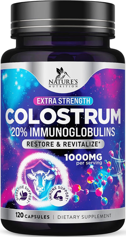 Colostrum Supplement 1000mg Per Serving – Max Strength 20% Immunoglobulins for Gut & Immune Support – Natural Bovine Powder for Muscle, Skin & Hair Support – Unflavoured & Bottled in the USA – 120 Capsules