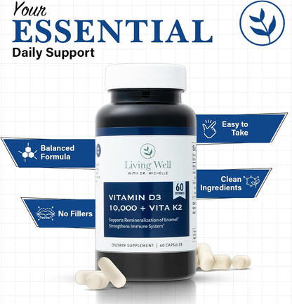 Living Well Dr. Michelle Vitamin D3 10,000 IU with K2 – 60 Capsules – Image 7