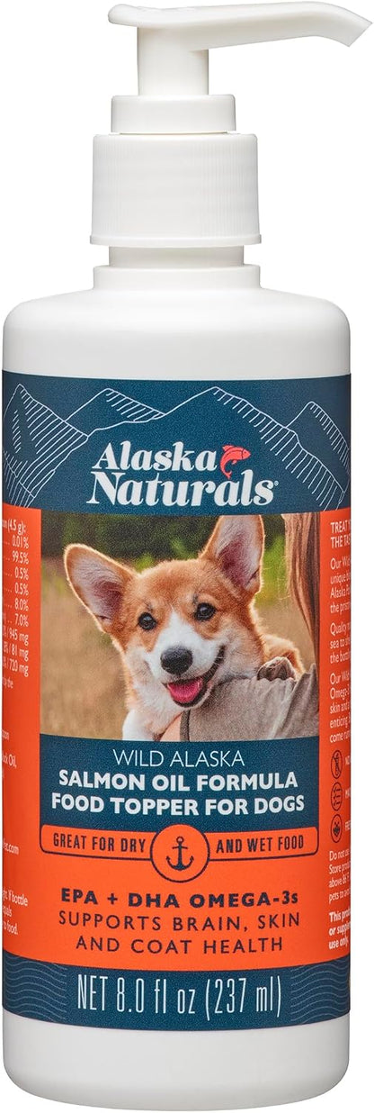 Alaska Naturals – Wild Alaska Salmon Oil Formula Dog Food Topper – EPA and DHA Omega-3 - Supplement for Healthy Skin, Shiny Coat – Made in the USA – 8 oz. Pump Bottle