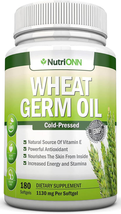 Wheat Germ Oil – 1130 mg – 180 Soft Capsules – Cold-Pressed & Non-GM – Natural Source of Vitamin E