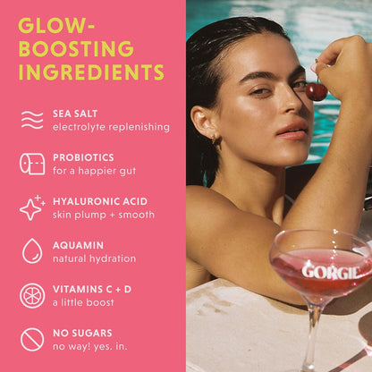 GORGIE Glow Hydration Sachets – Sugar-Free Electrolyte Powder Sachets with Hyaluronic Acid, Probiotics, Aquamin, Vitamins C & D – Variety Pack (15 Sachets)