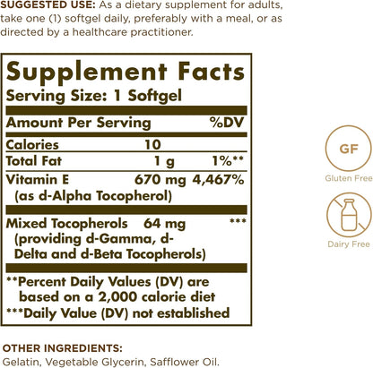 Solgar Vitamin E 670 mg (1000 IU) - 100 Softgels (Pack of 2) - Naturally Sourced - Gluten-free, Dairy-free