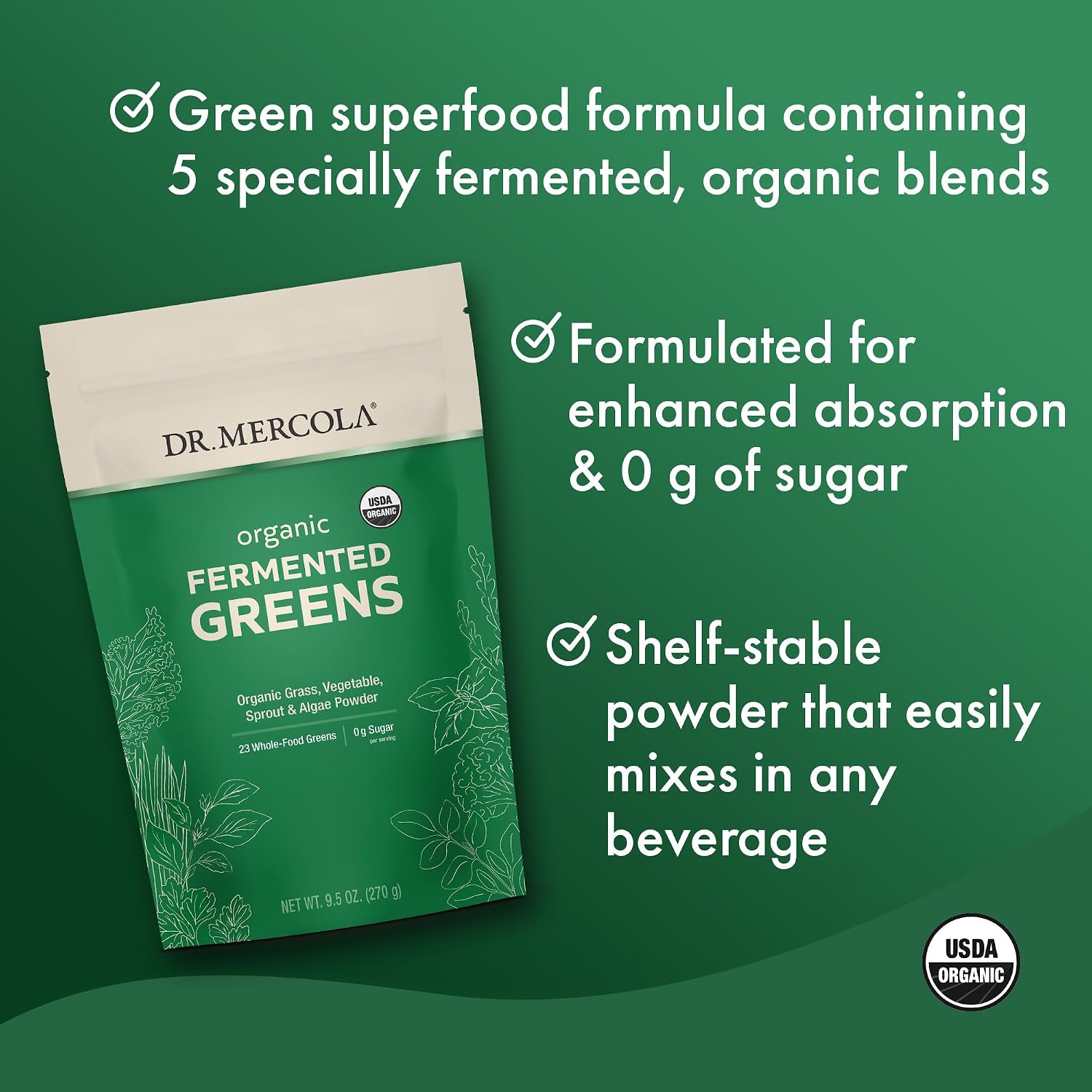 Dr. Mercola Organic Fermented Greens Powder - Supports Digestion & Cellular Health - Certified Organic, Non-GM & Soya-Free - 269g (90 Servings) - görsel 3
