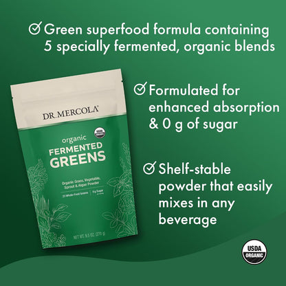Dr. Mercola Organic Fermented Greens Powder - Supports Digestion & Cellular Health - Certified Organic, Non-GM & Soya-Free - 269g (90 Servings)