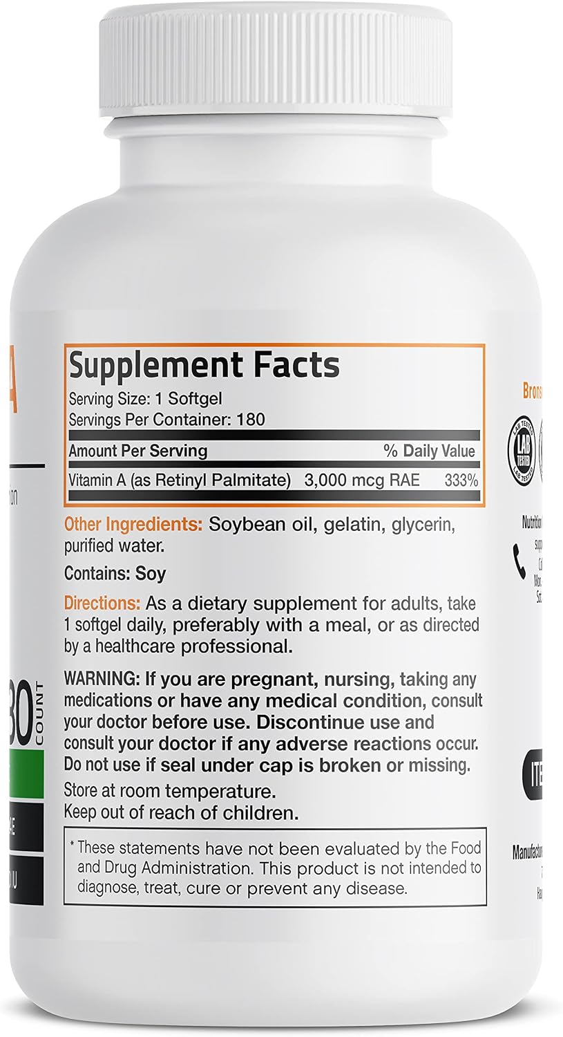 Bronson Vitamin A 10,000 IU Premium Non-GMO Formula, 180 Soft gel capsules - görsel 2