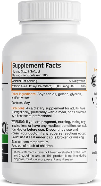 Bronson Vitamin A 10,000 IU Premium Non-GMO Formula, 180 Soft gel capsules
