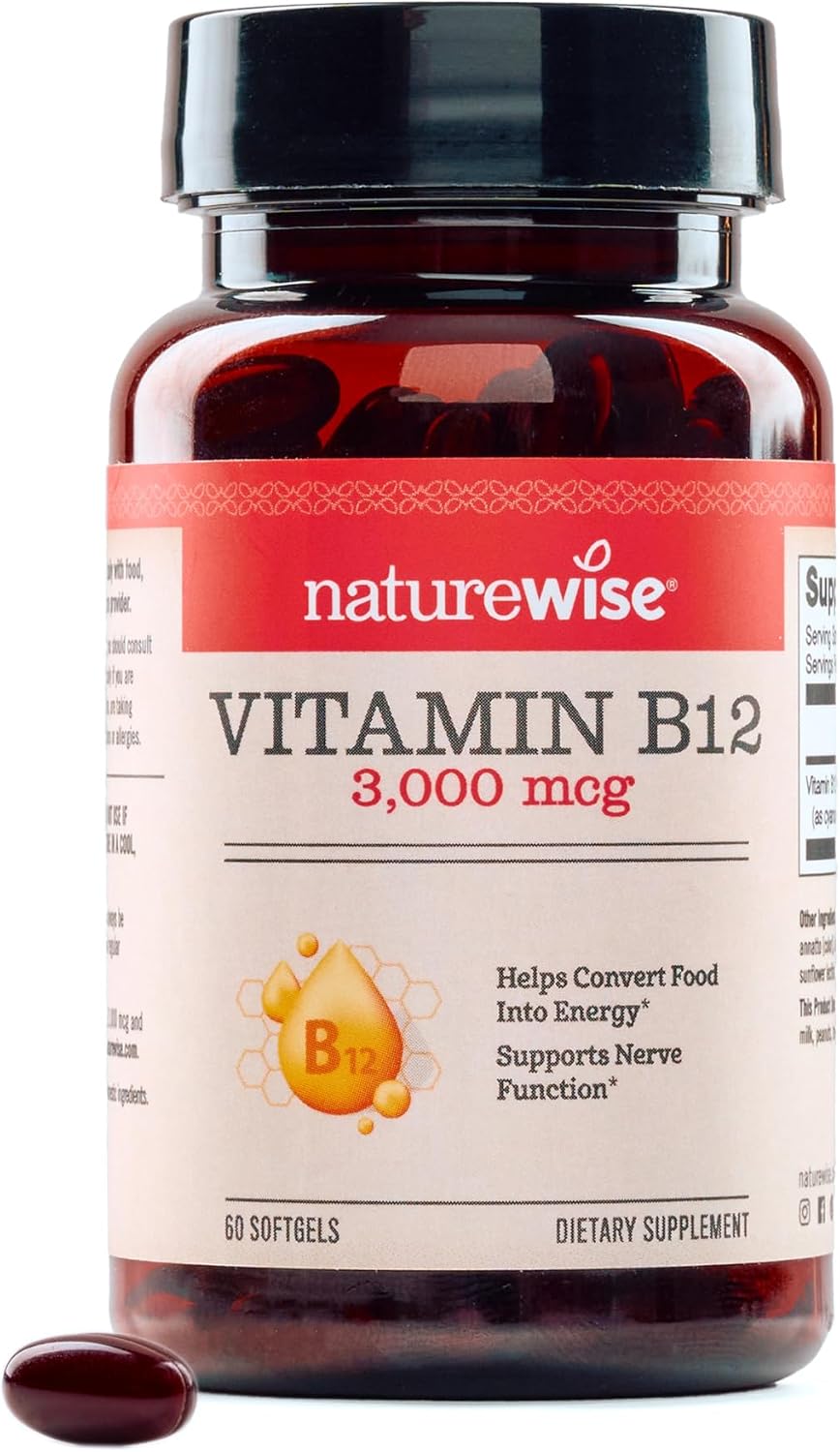 NatureWise Vitamin B12 3000 mcg - High Strength - Food Supplement for Energy, Mental Clarity and Nervous System Support - Easy-to-Swallow, Soya and Gluten-free, Non-GM - 60 Soft gel capsules - görsel 1