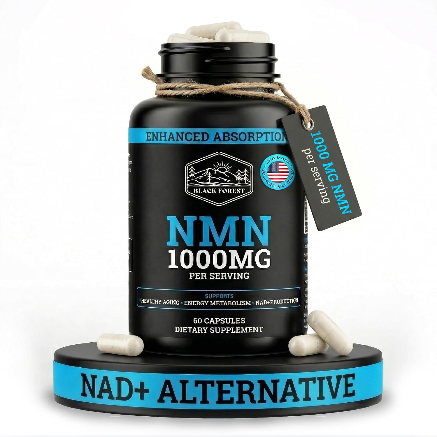 Black Forest NMN Supplement 1000mg (Nicotinamide Mononucleotide) 99% Pure, Stabilised Form, BioPerine® for Enhanced Bioavailability (60 Capsules) - görsel 1