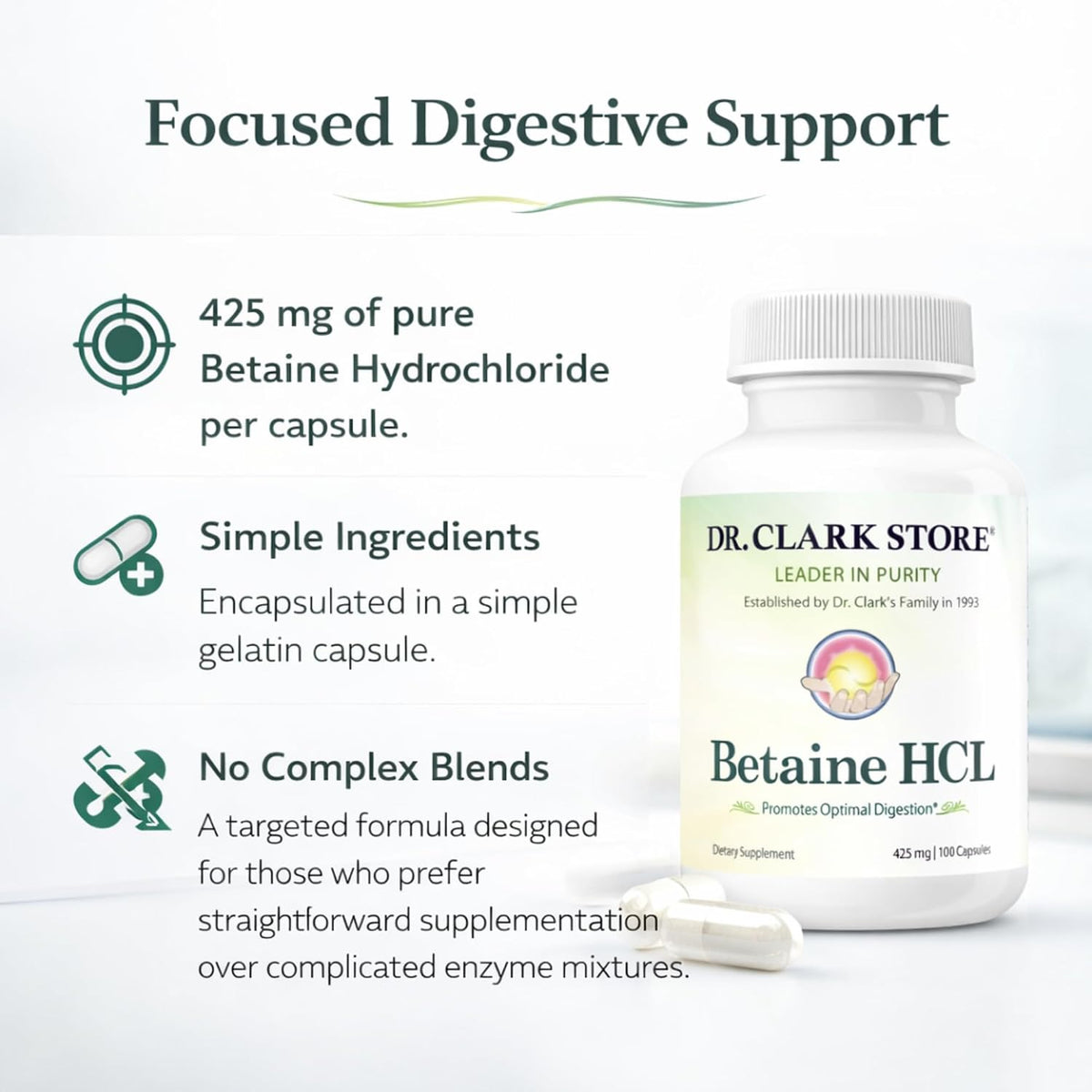 Dr. Clark Betaine HCL Digestive Enzymes - 100 Gelatine Capsules (425 mg) - görsel 3
