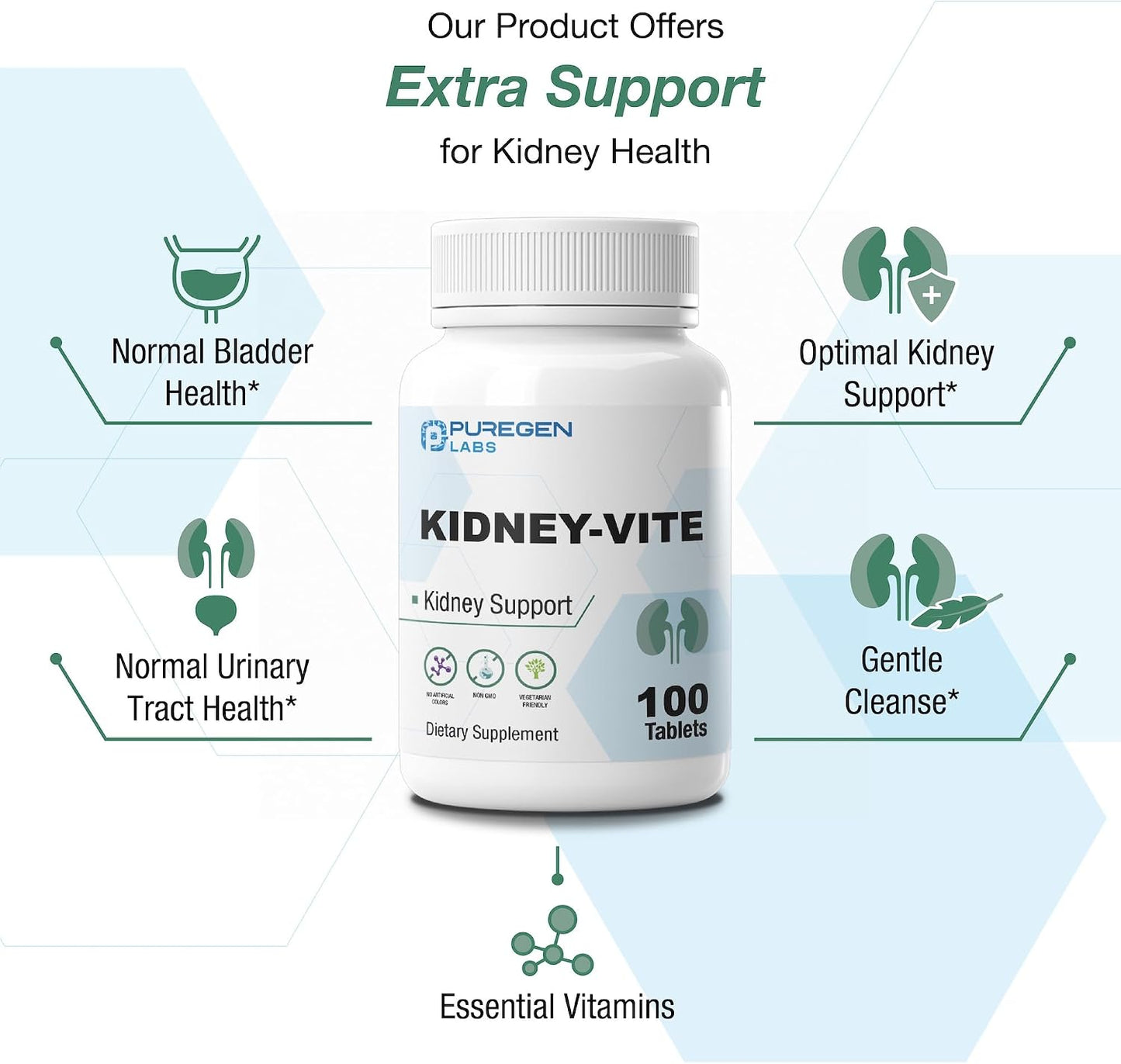 Puregen Labs Kidney-Vite | Premier Kidney Renal Support Supplement – 100 Vegetarian Tablets - görsel 4