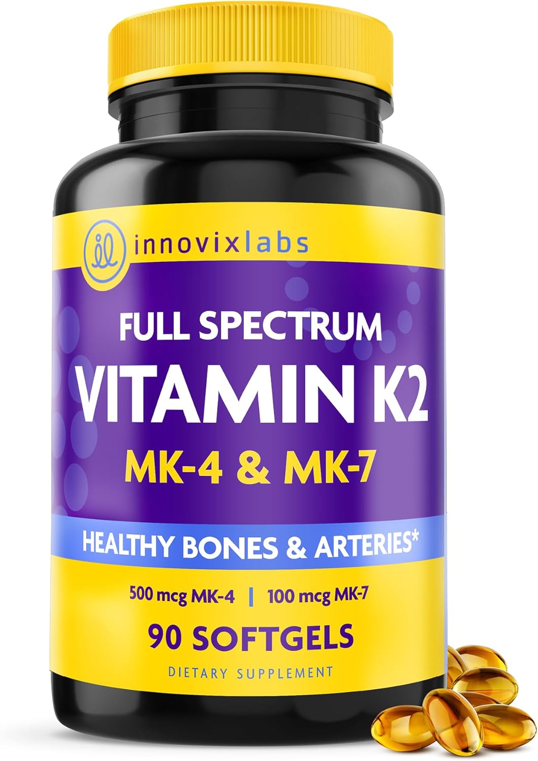 InnovixLabs Full Spectrum Vitamin K2 – 90 Softgels with 600 mcg of Trans Form MK7 and MK4 – Supports Bone Strength, Arterial Health, and Cognitive Function – Soya and Gluten-free - görsel 1