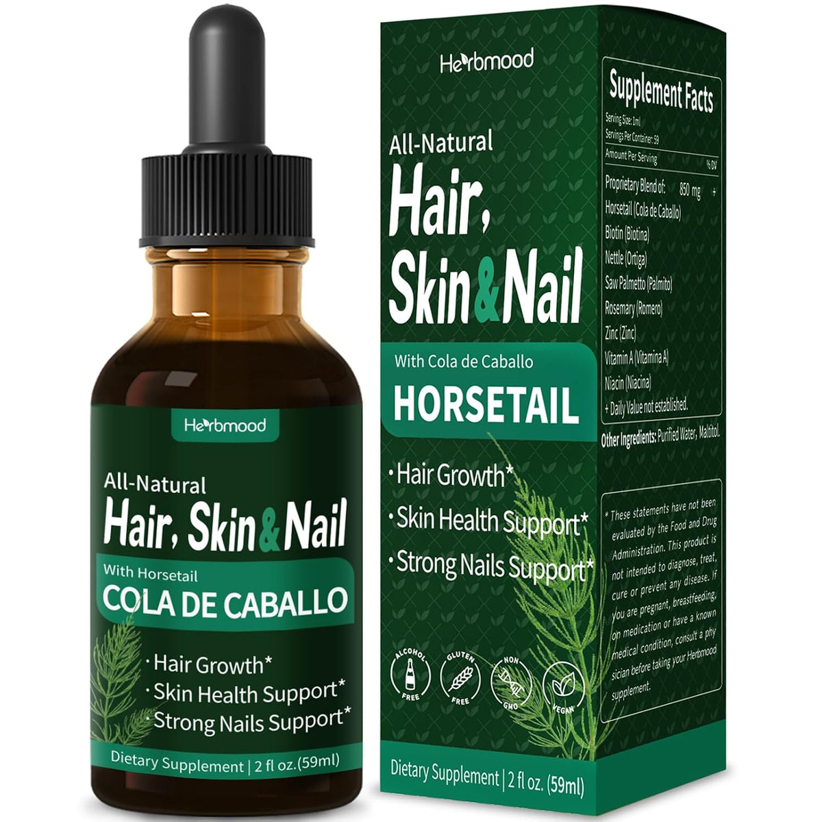 Herbmood Horsetail Hair, Skin & Nail Liquid Drops with Biotin & Rosemary - 60ml – Image 1