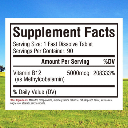 Innate Vitality Vitamin B12 5000mcg Sublingual Tablets - Vegan Methylcobalamin, Fast Dissolve, Natural Peach Flavour - 90 Count