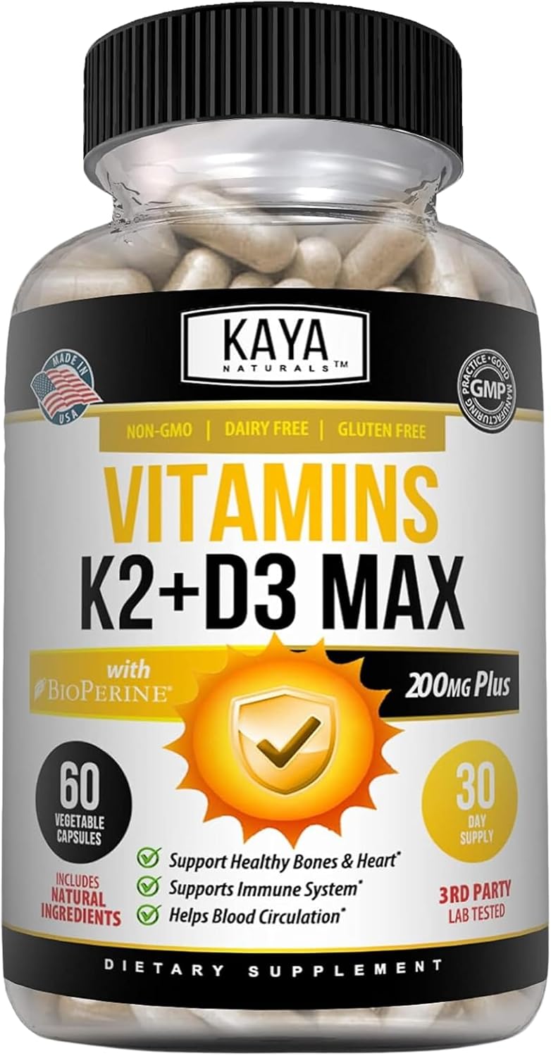 Kaya Naturals Vitamin D3 + K2 5000IU Supplement with Bioperine - 180 Veggie Capsules - görsel 1