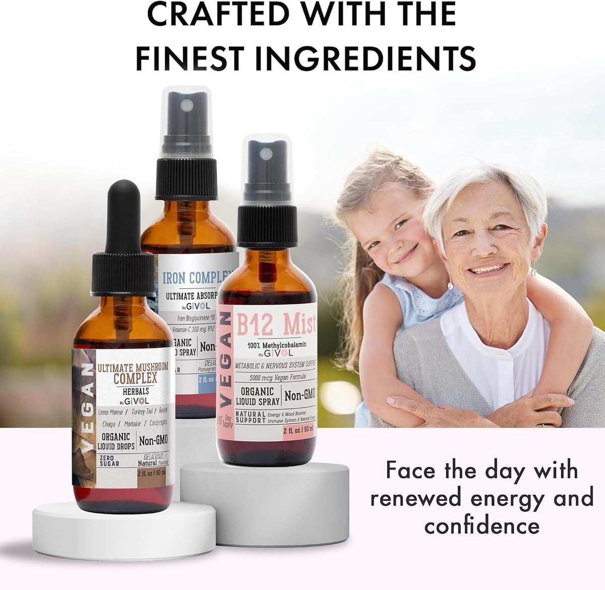 GIVOL Ultimate Vegan Essential Bundle Liquid Spray – Mushroom Complex, Iron Bisglycinate, and Vitamin B12 Methylcobalamin, All Natural, Non-GMO, Gluten-free, Sugar Free (3 x 60 ml, 360 Day Supply) - görsel 5
