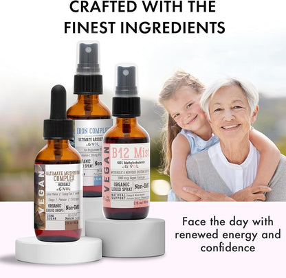 GIVOL Ultimate Vegan Essential Bundle Liquid Spray – Mushroom Complex, Iron Bisglycinate, and Vitamin B12 Methylcobalamin, All Natural, Non-GMO, Gluten-free, Sugar Free (3 x 60 ml, 360 Day Supply)